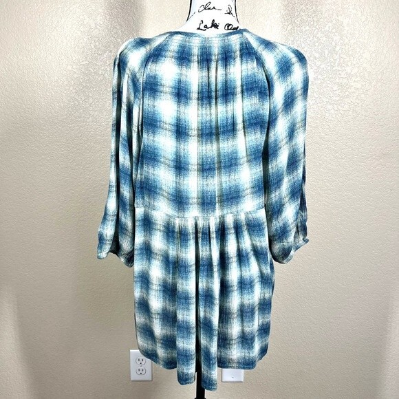 Anthropologie Maeve Blue Cavalon Plaid Peplum Boho Peasant Top Size S - Picture 2 of 15